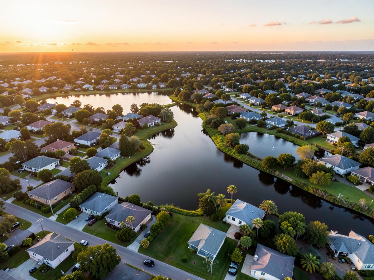 Aerial view of a Central Florida residential community at sunset