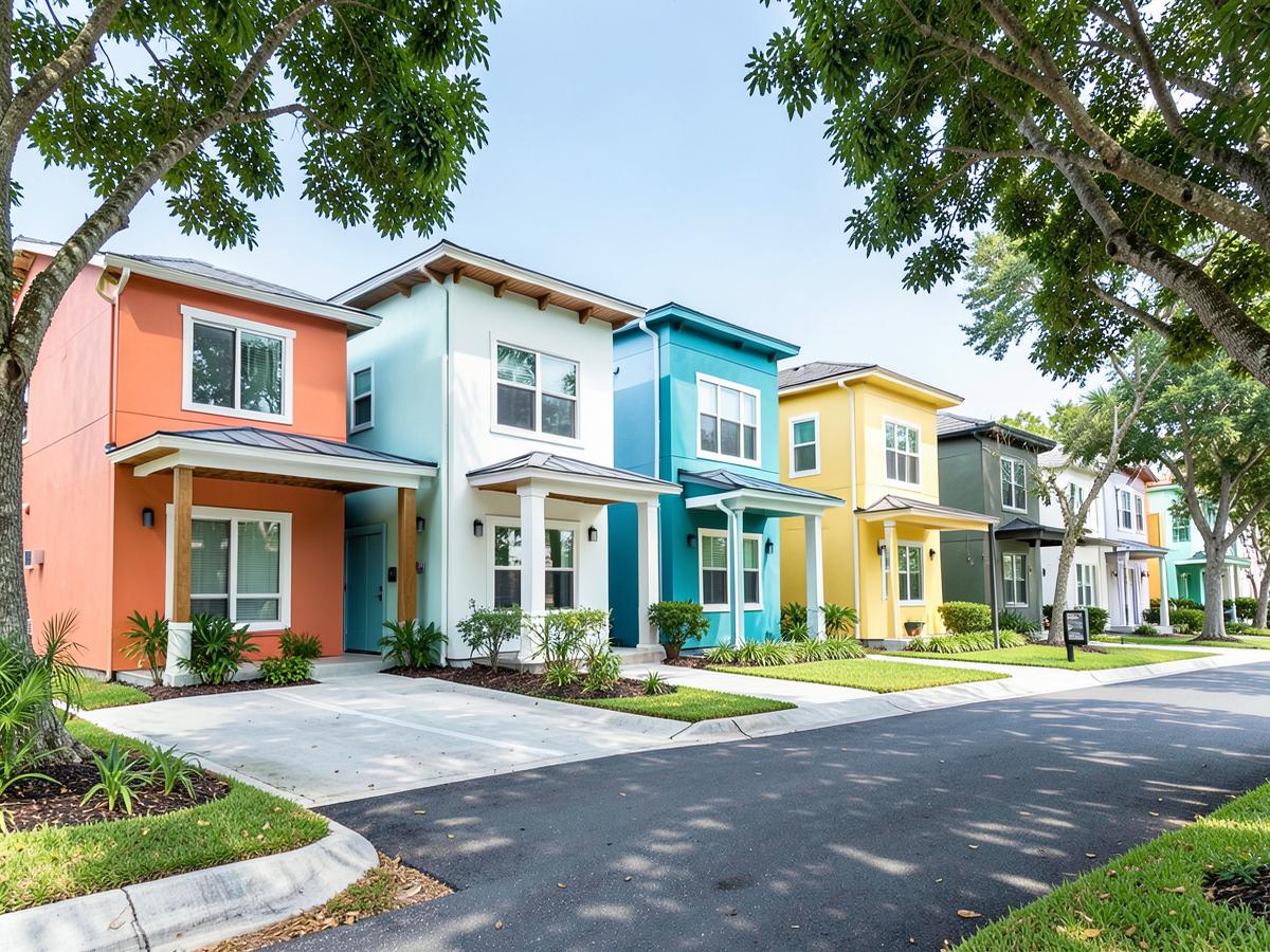 Row of modern colorful homes with front porches on a shaded street