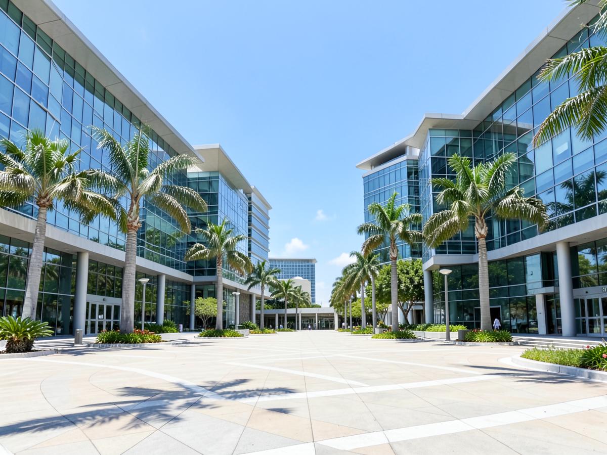 Modern glass medical and research campus buildings with palm trees