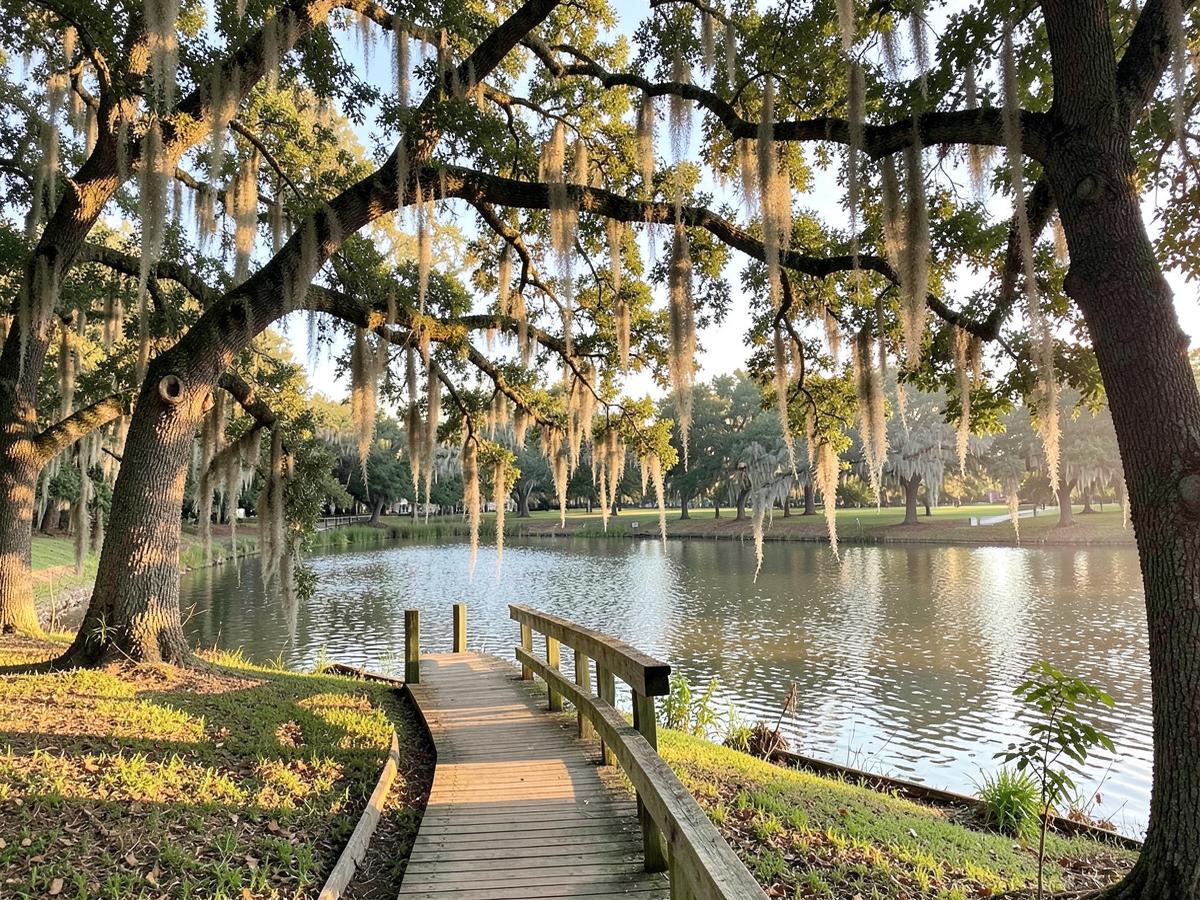 Wooden boardwalk over a calm lake beneath moss-draped oak trees