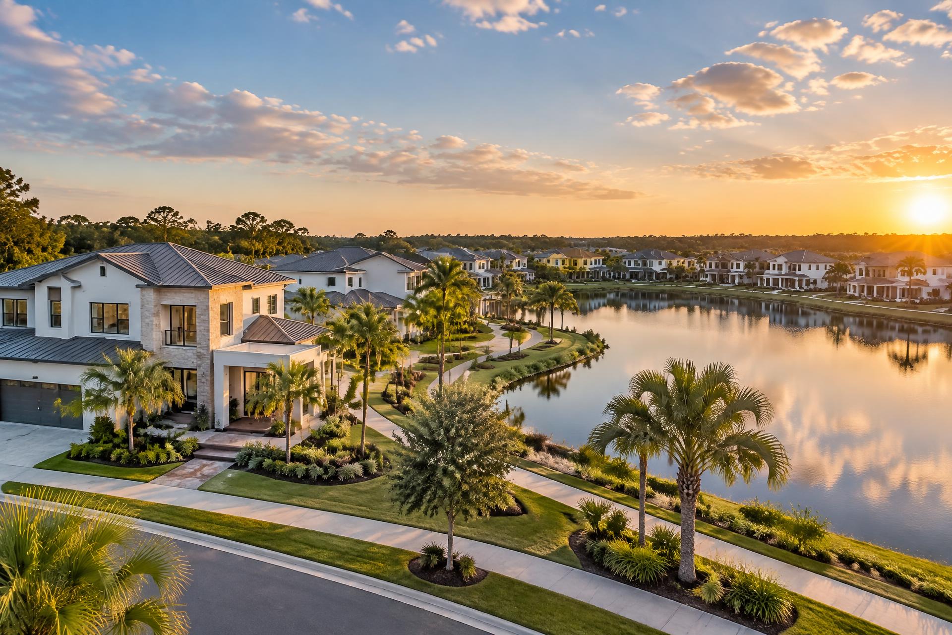 Modern lakeside homes and palm trees in a Lake Nona area neighborhood at sunset